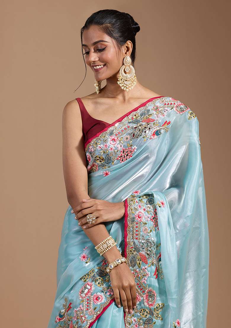 Sky Embroidered Blended Saree Set for Diwali and Festive Wear - Indya