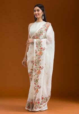 White Embroidered Silk Saree Set