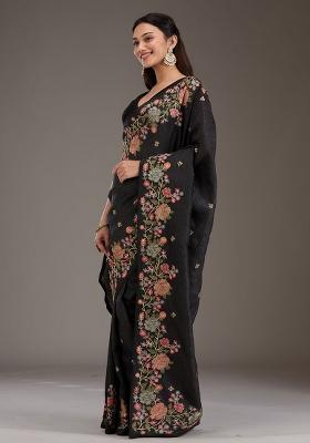 Black Embroidered Silk Saree Set