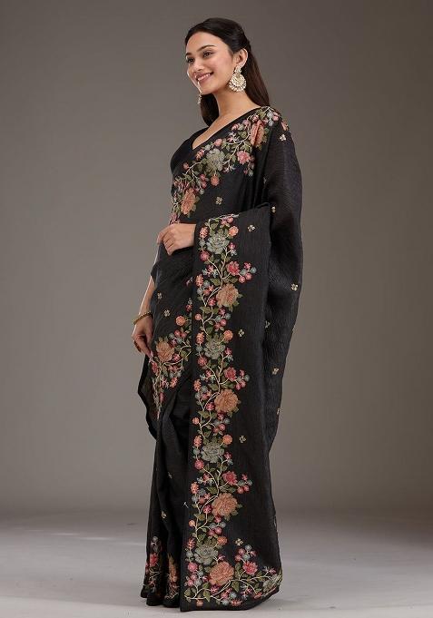 Black Embroidered Silk Saree Set