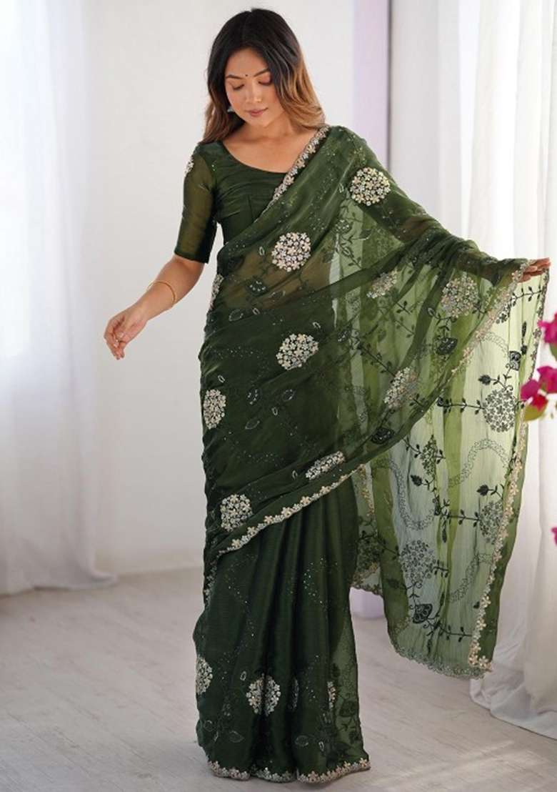 Green Blended Saree Set with Embroidered for Diwali | Wedding & Festive Wear - Indya