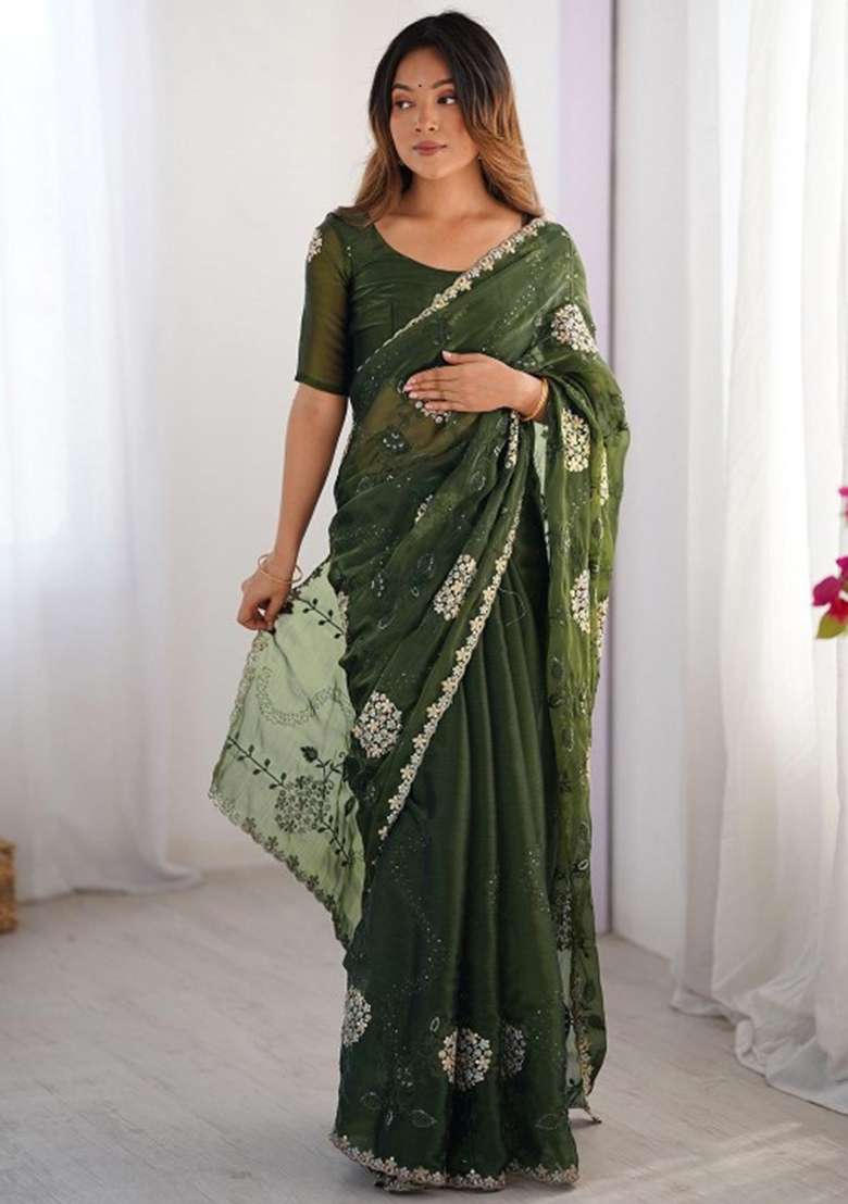 Green Blended Saree Set with Embroidered for Diwali | Wedding & Festive Wear - Indya