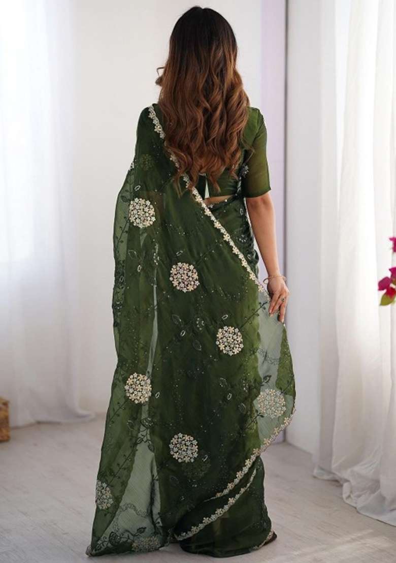 Green Blended Saree Set with Embroidered for Diwali | Wedding & Festive Wear - Indya