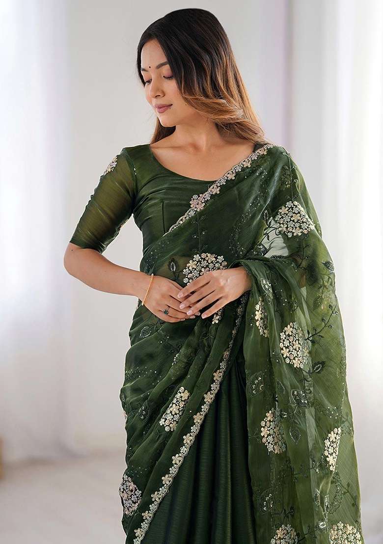 Green Blended Saree Set with Embroidered for Diwali | Wedding & Festive Wear - Indya