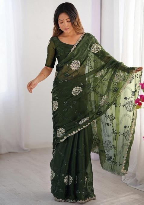 Green Embroidered Blended Saree Set