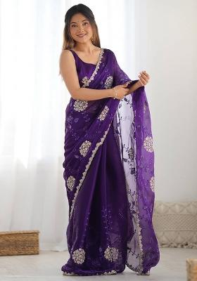 Purple Embroidered Blended Saree Set