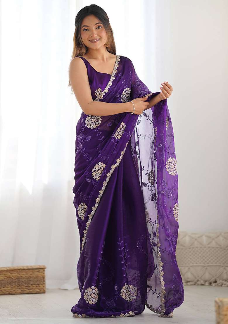 Purple Embroidered Blended Saree Set for Diwali and Festive Wear - Indya