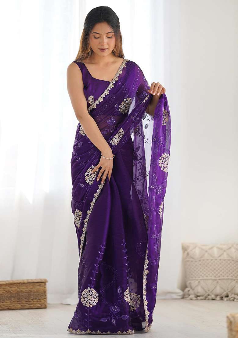 Purple Embroidered Blended Saree Set for Diwali and Festive Wear - Indya