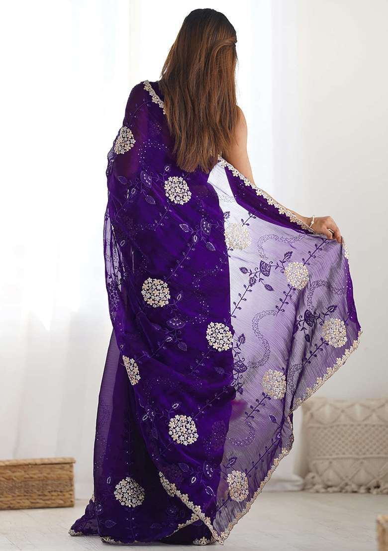Purple Embroidered Blended Saree Set for Diwali and Festive Wear - Indya