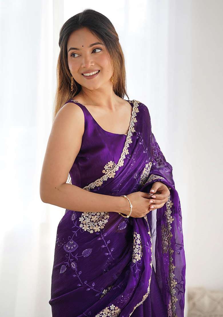 Purple Embroidered Blended Saree Set for Diwali and Festive Wear - Indya