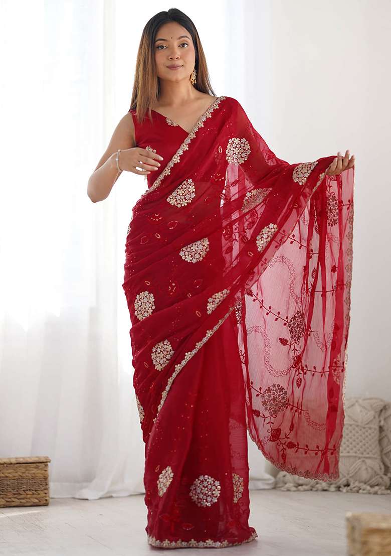 Red Embroidered Blended Saree Set for Diwali and Festive Wear - Indya