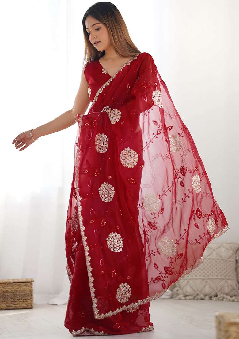 Red Embroidered Blended Saree Set for Diwali and Festive Wear - Indya