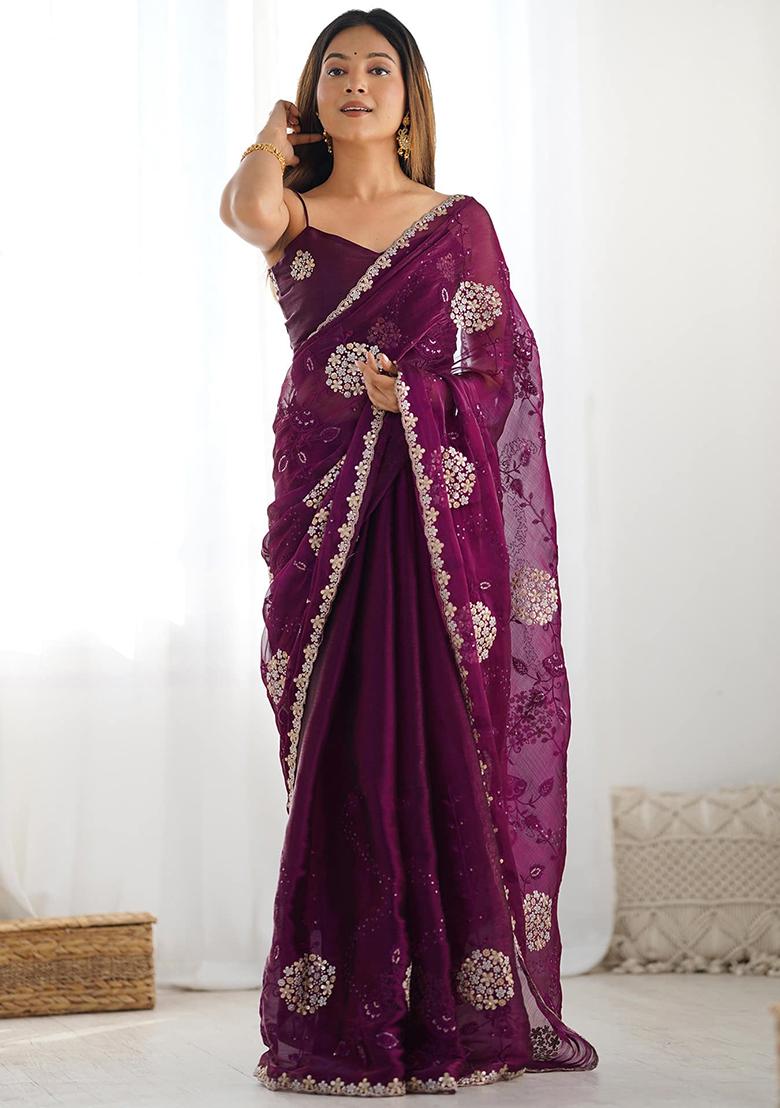 Wine Embroidered Blended Saree Set