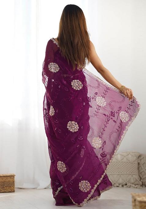 Wine Embroidered Blended Saree Set