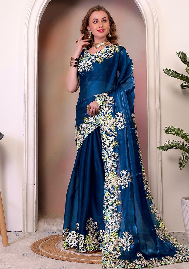 Teal Embroidered Silk Saree Set
