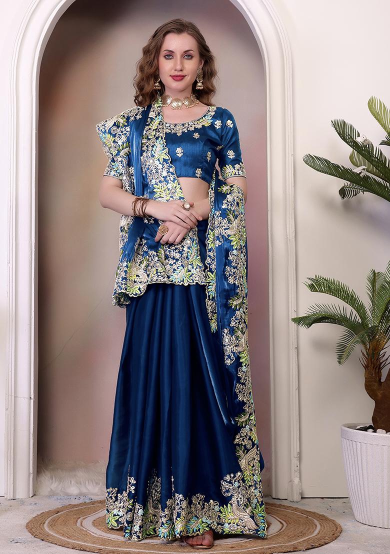 Teal Embroidered Silk Saree Set