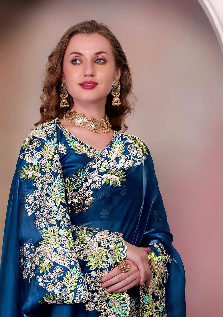 Teal Embroidered Silk Saree Set