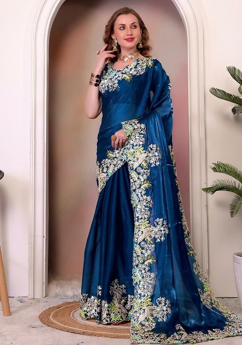 Teal Embroidered Silk Saree Set