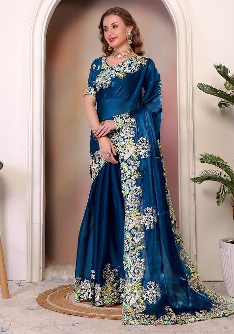 Teal Embroidered Silk Saree Set