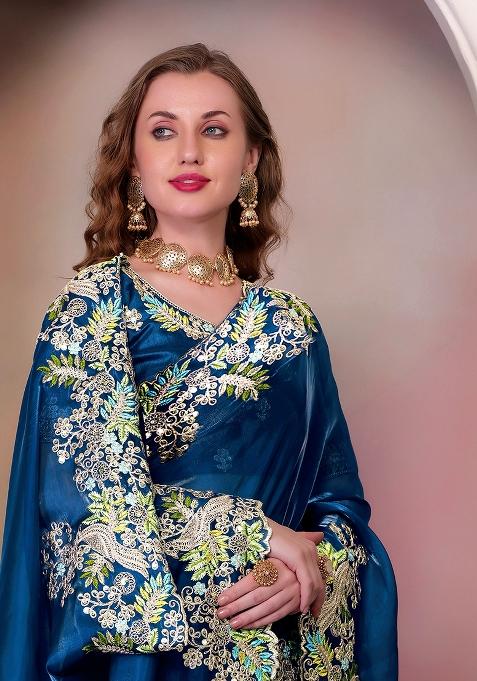 Teal Embroidered Silk Saree Set