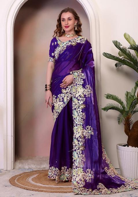 Purple Embroidered Silk Saree Set