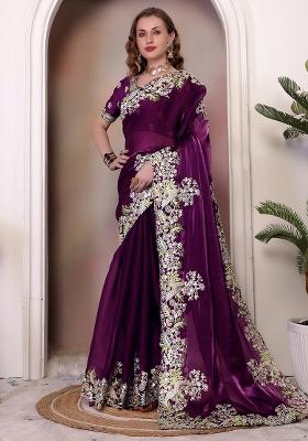 Wine Embroidered Silk Saree Set