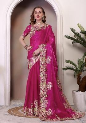 Magenta Embroidered Silk Saree Set
