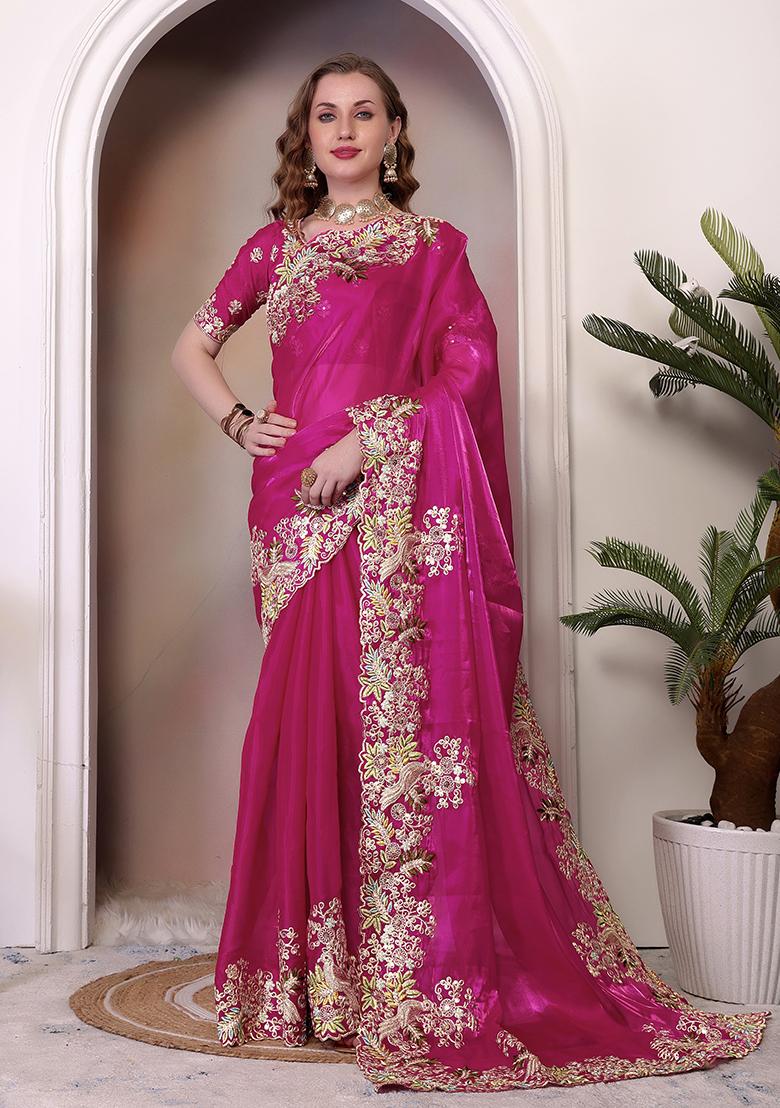 Magenta Embroidered Silk Saree Set
