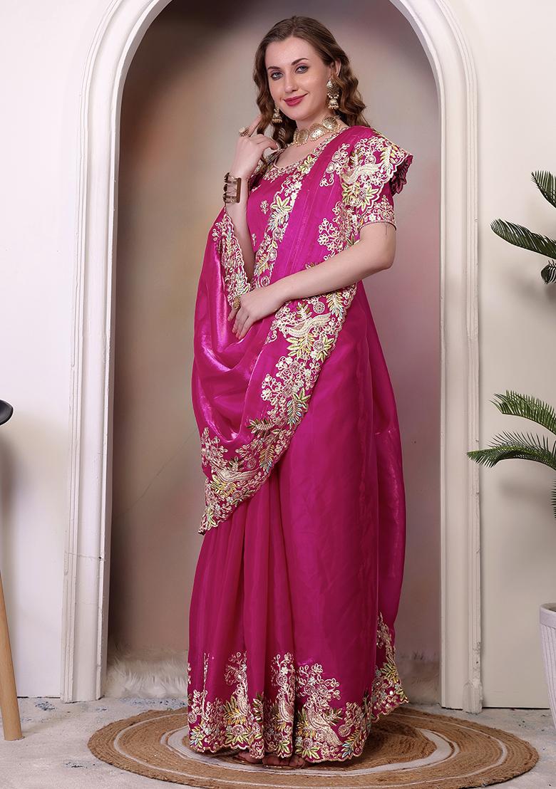 Magenta Embroidered Silk Saree Set