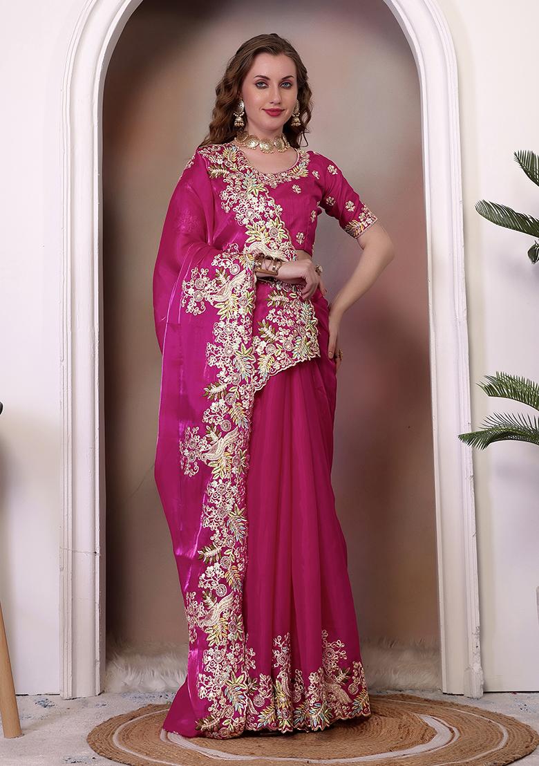 Magenta Embroidered Silk Saree Set