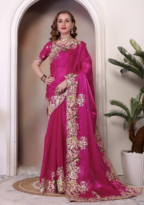 Magenta Embroidered Silk Saree Set