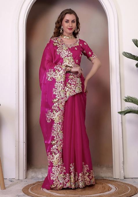 Magenta Embroidered Silk Saree Set