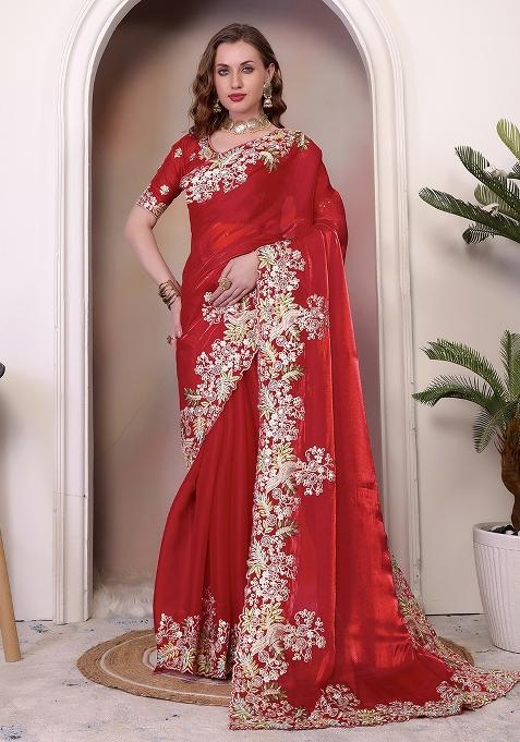 Red Embroidered Silk Saree Set