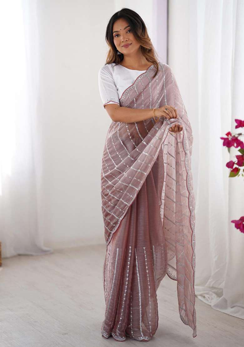 Maroon Silk Blend Saree Set with Embroidered for Diwali | Wedding & Festive Wear - Indya
