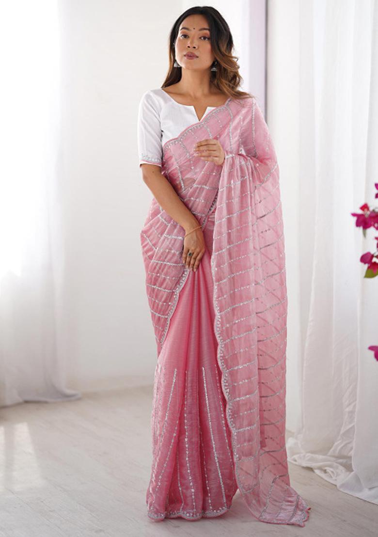 Pink Embroidered Silk Saree Set