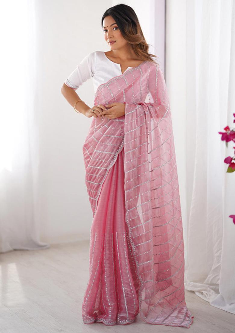 Pink Embroidered Silk Saree Set