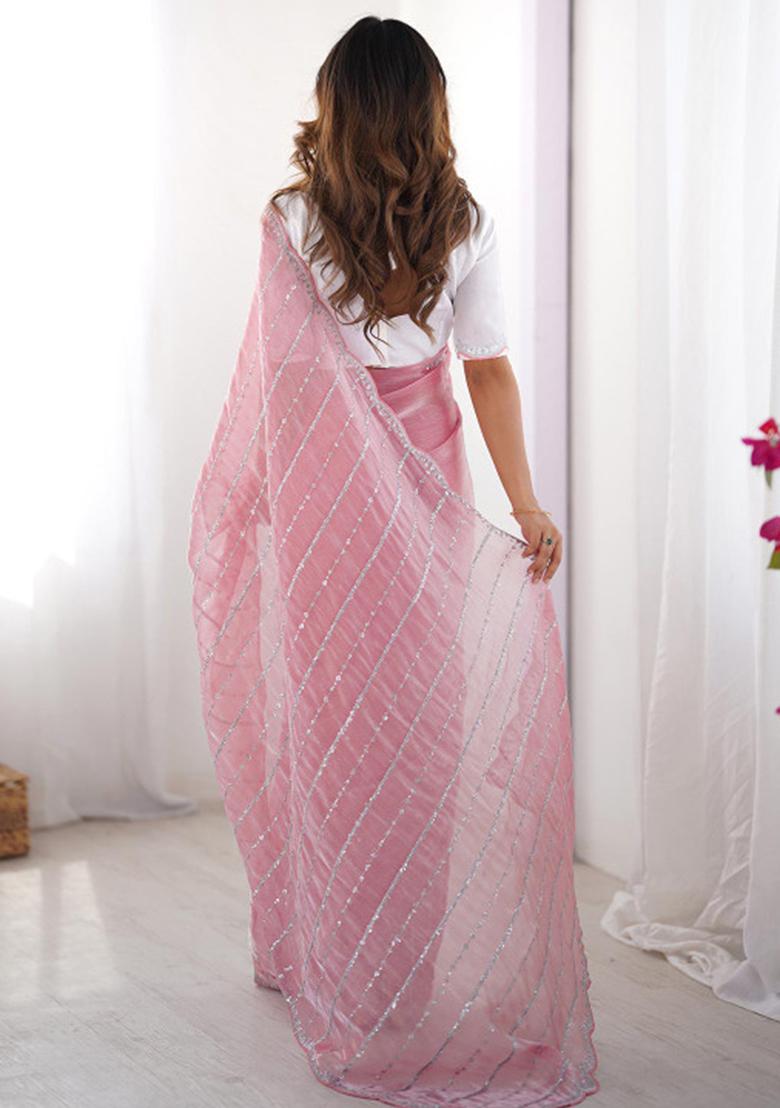 Pink Embroidered Silk Saree Set