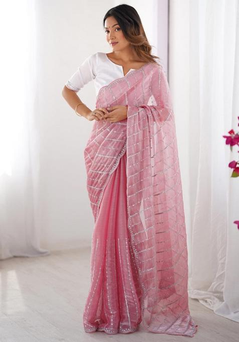 Pink Embroidered Silk Saree Set