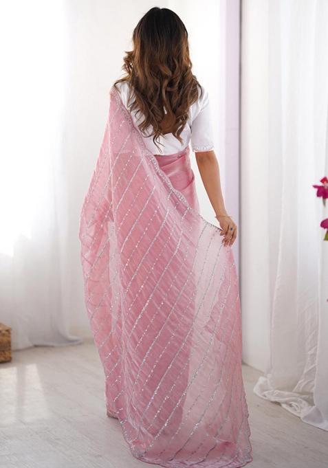 Pink Embroidered Silk Saree Set