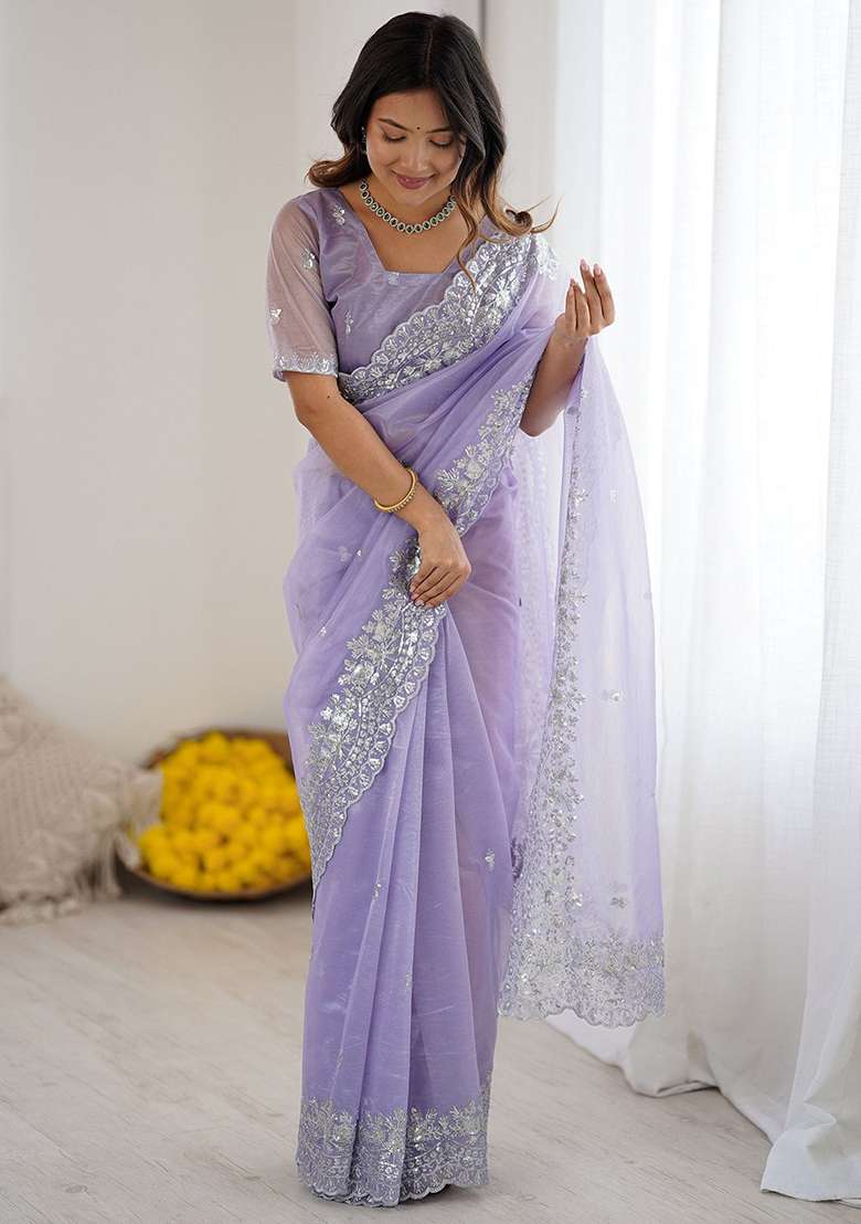 Lavender Embroidered Blended Saree Set for Diwali and Festive Wear - Indya