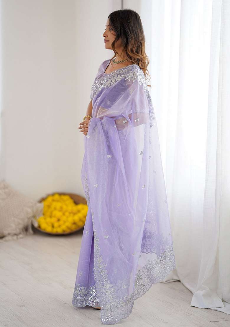 Lavender Embroidered Blended Saree Set for Diwali and Festive Wear - Indya