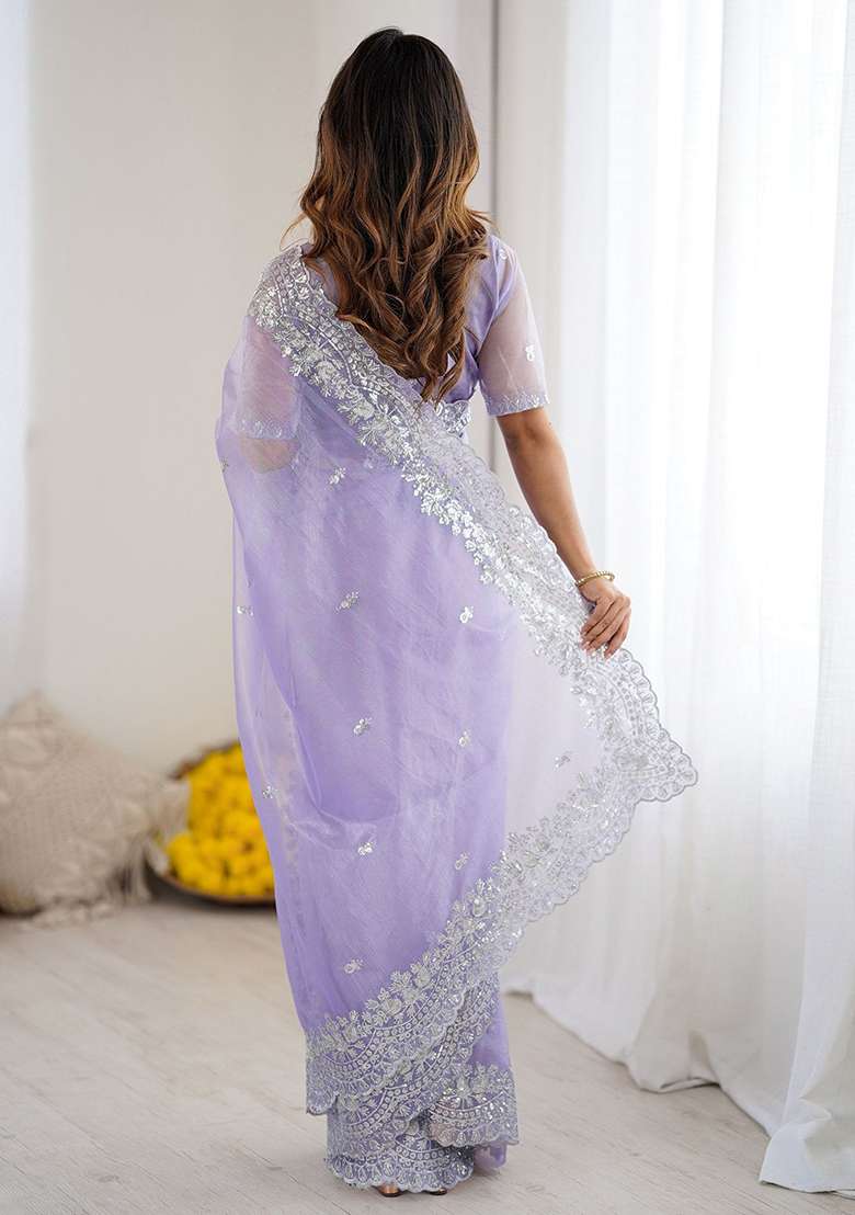 Lavender Embroidered Blended Saree Set for Diwali and Festive Wear - Indya