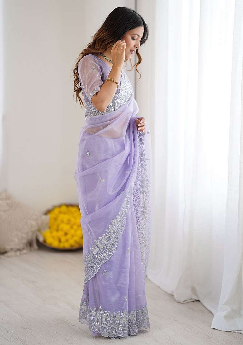 Lavender Embroidered Blended Saree Set for Diwali and Festive Wear - Indya