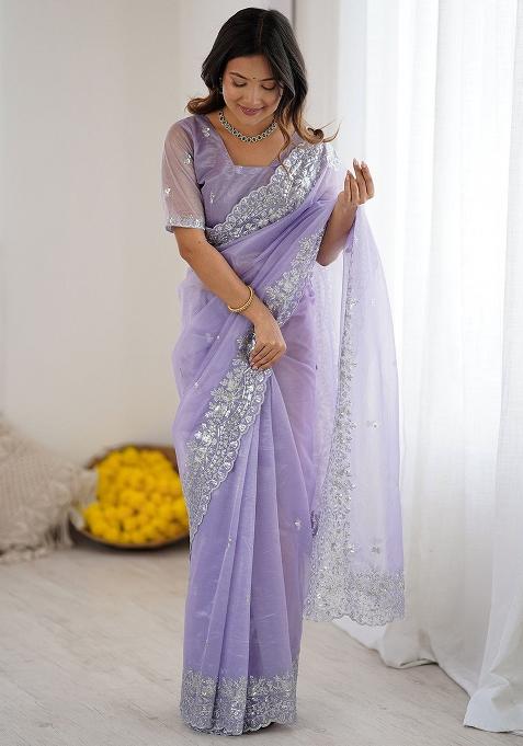 Lavender Embroidered Blended Saree Set