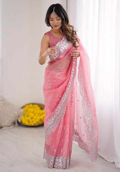 Pink Embroidered Blended Saree Set