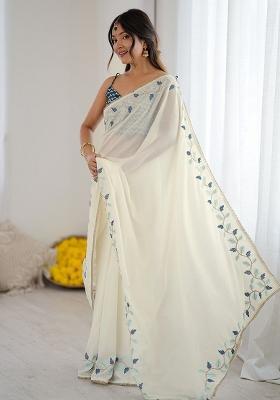 Cream Embroidered Silk Saree Set