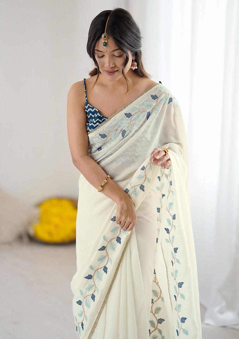 Cream Embroidered Silk Saree Set