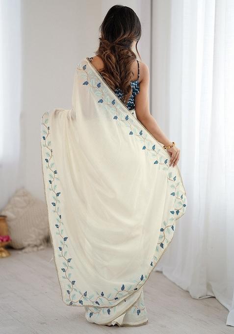 Cream Embroidered Silk Saree Set