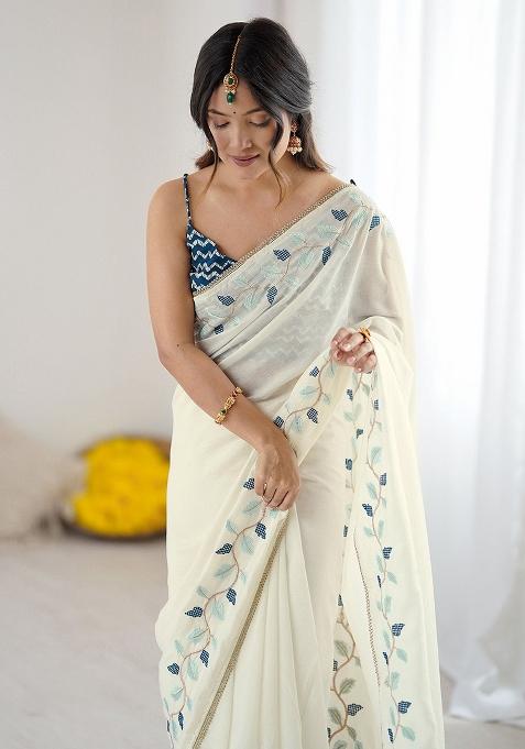 Cream Embroidered Silk Saree Set