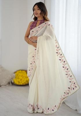 Cream Embroidered Silk Saree Set